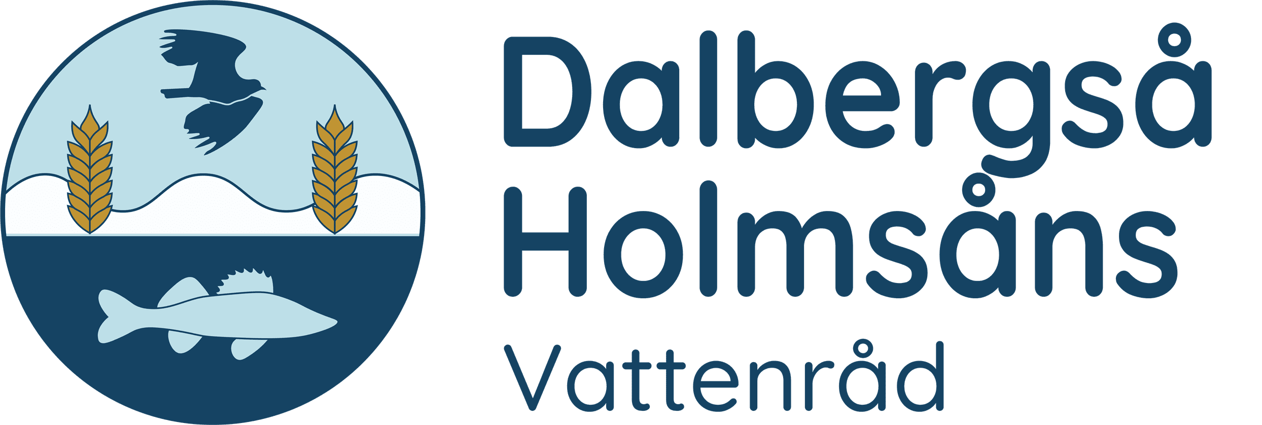 Dalbergså/Holmsåns vattenråds logotyp föreställande en tofsvipa och en gös i ett lantbrukslandskap